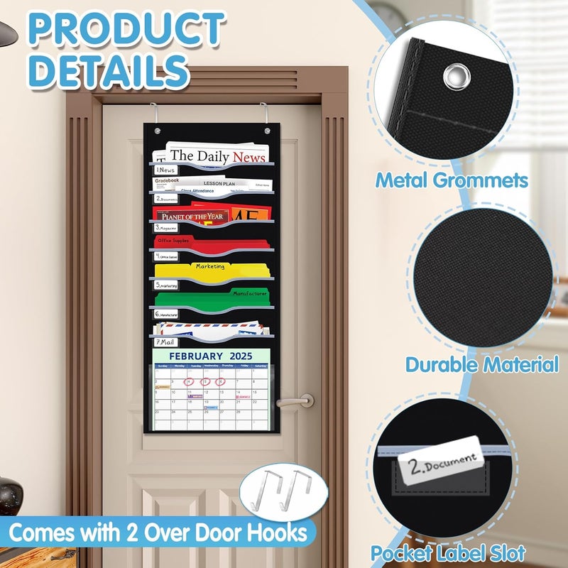 ALSLEA 8 Pockets Hanging Wall File Organizer for Legal/ Letter/ A4 Size Paper, Over the Door Organizer, Black Pocket Chart for Classroom, Office, Home Use with 12 Name Tags, 5 Hooks and Clear Calendar Pocket - Image 2